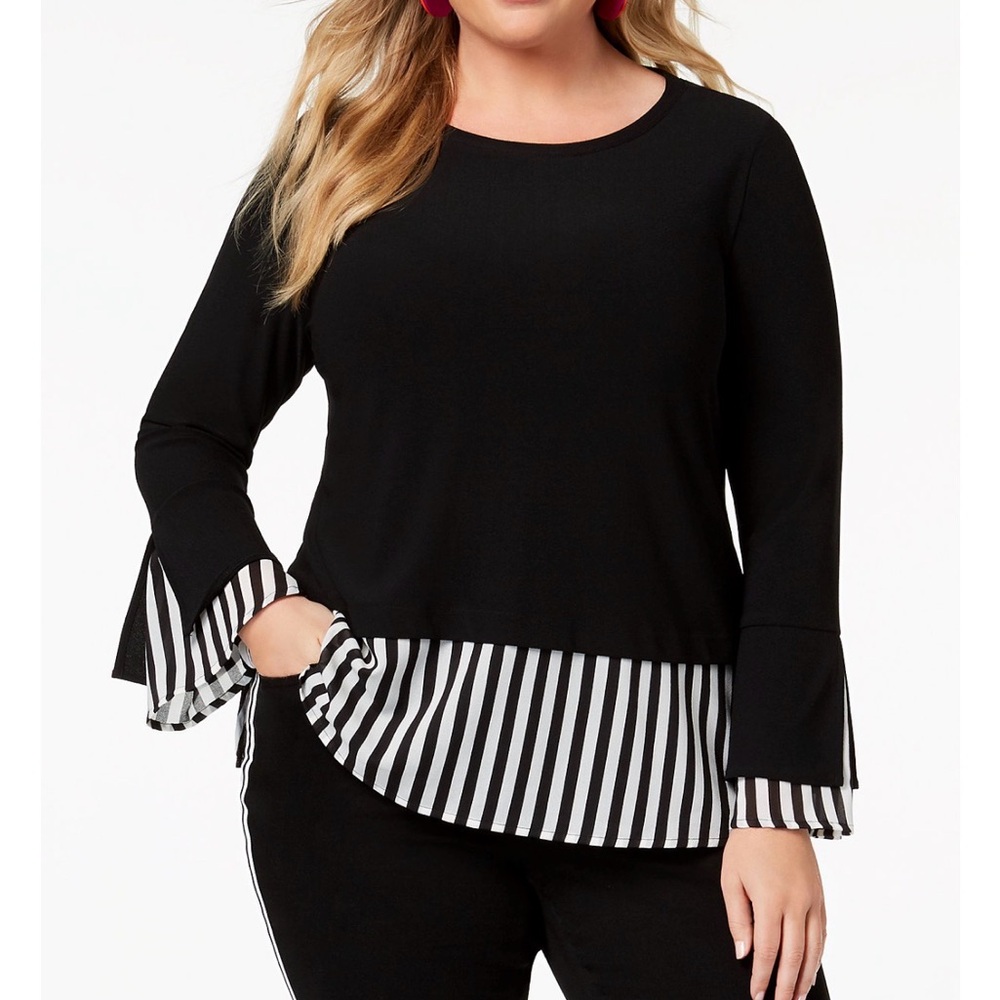 INC Black Layered Look Top with Striped Hem - XXL